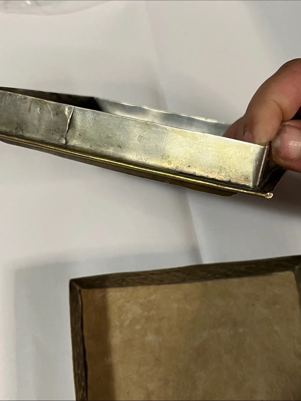 Antique Gold and Tan Embossed Metal Vanity Slide Box